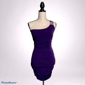Purple one-shoulder glitter ruched bodycon dress